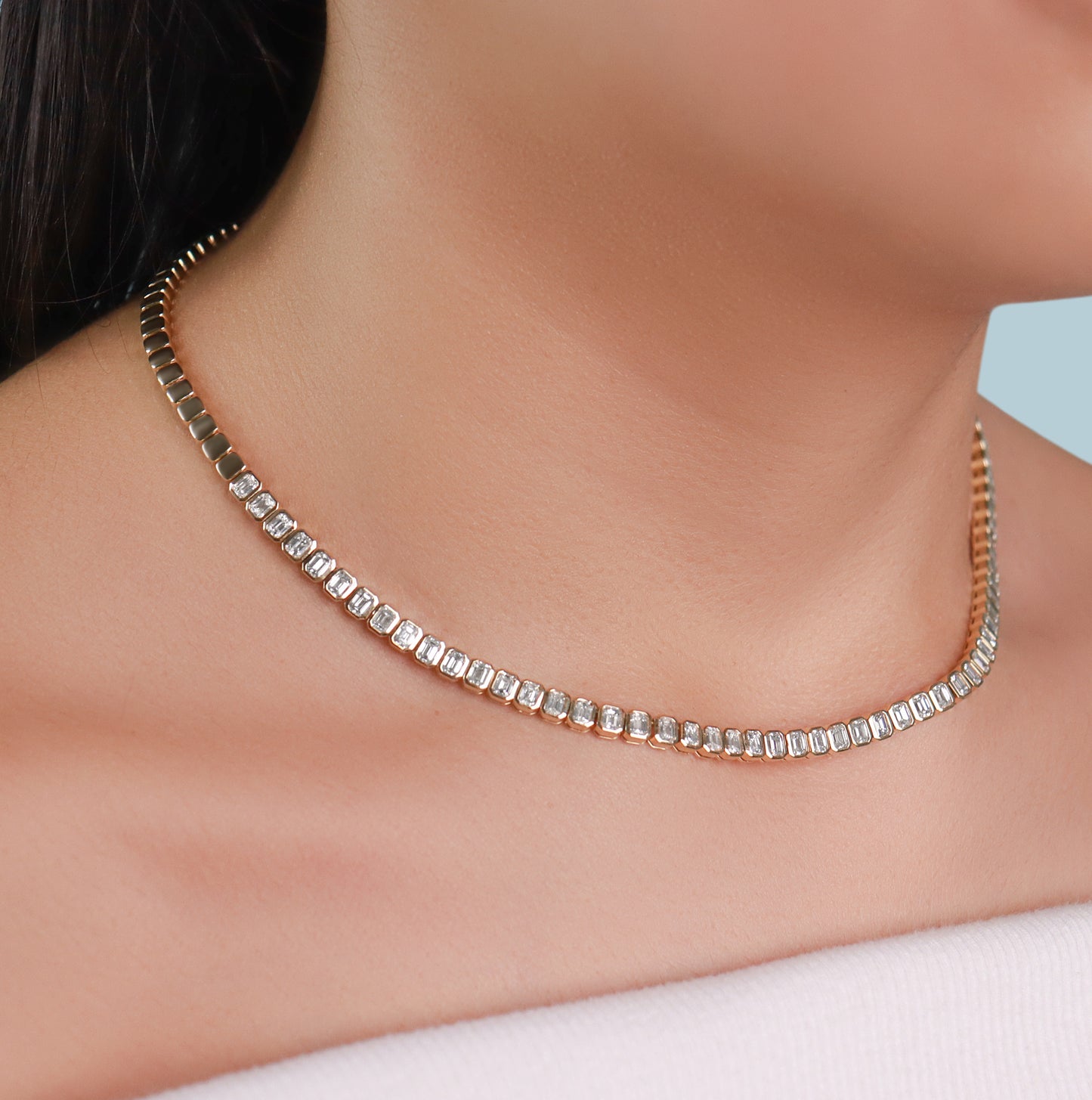 Bezel Set Emerald Cut Tennis Necklace