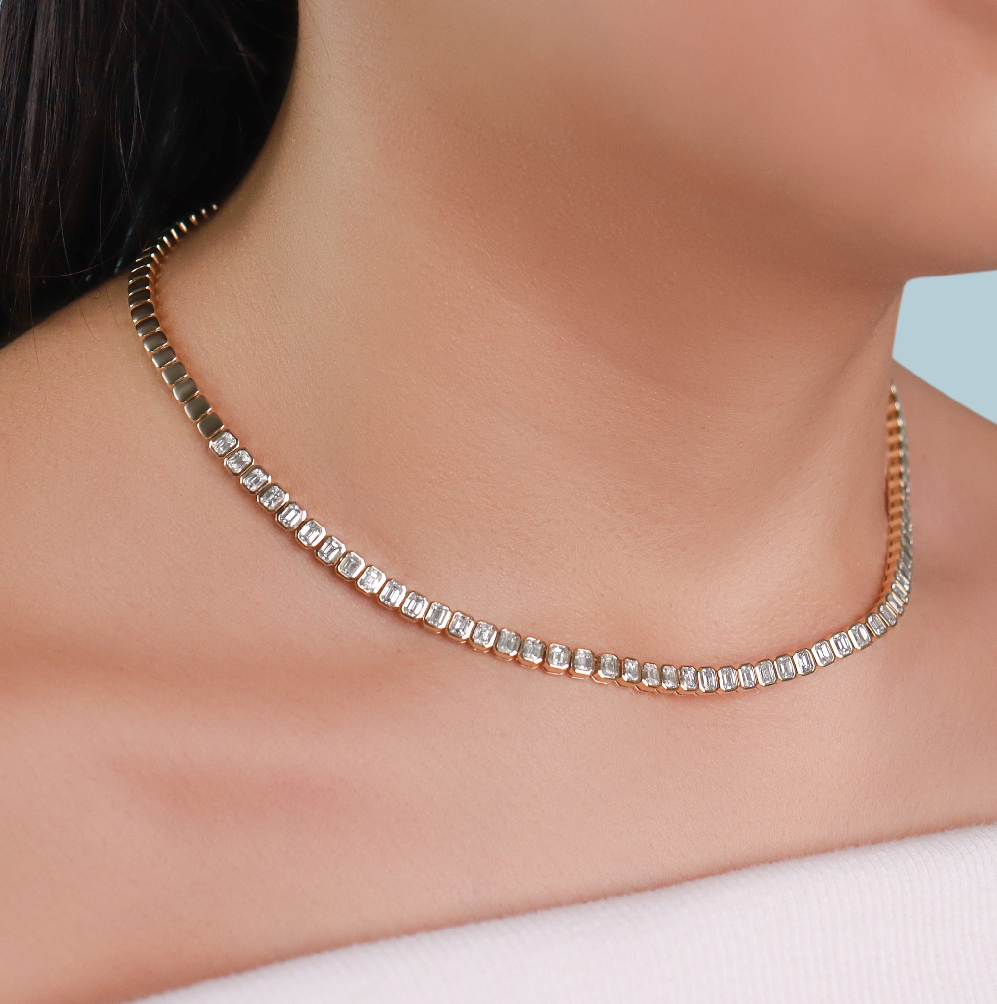 Bezel Set Emerald Cut Tennis Necklace - Main Image
