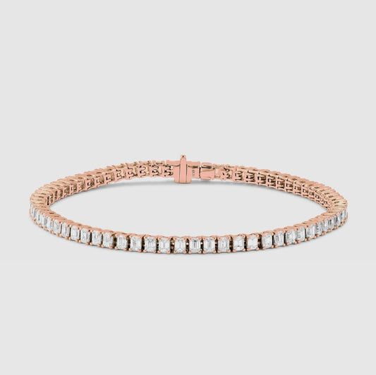 natural diamond tennis bracelet with emerald cut diamonds in rose gold